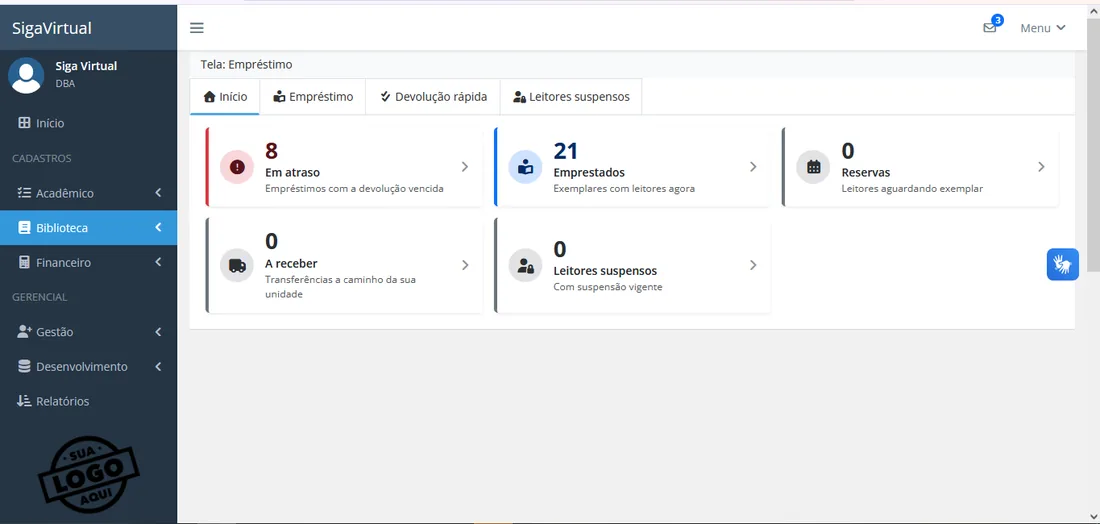 Painel do módulo de biblioteca do Siga Virtual com empréstimos em atraso, exemplares emprestados, reservas, transferências e leitores suspensos